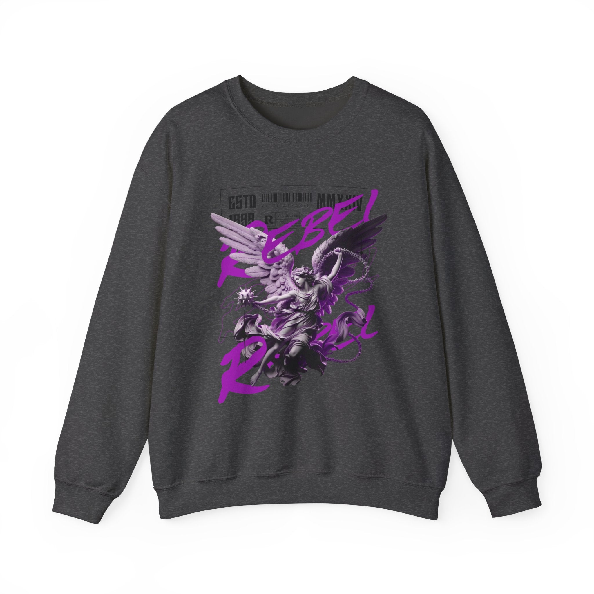 A dark gray crewneck sweatshirt featuring a graphic print of a winged anime character in purple and white, with stylized text on the front, shown against a plain white background.
