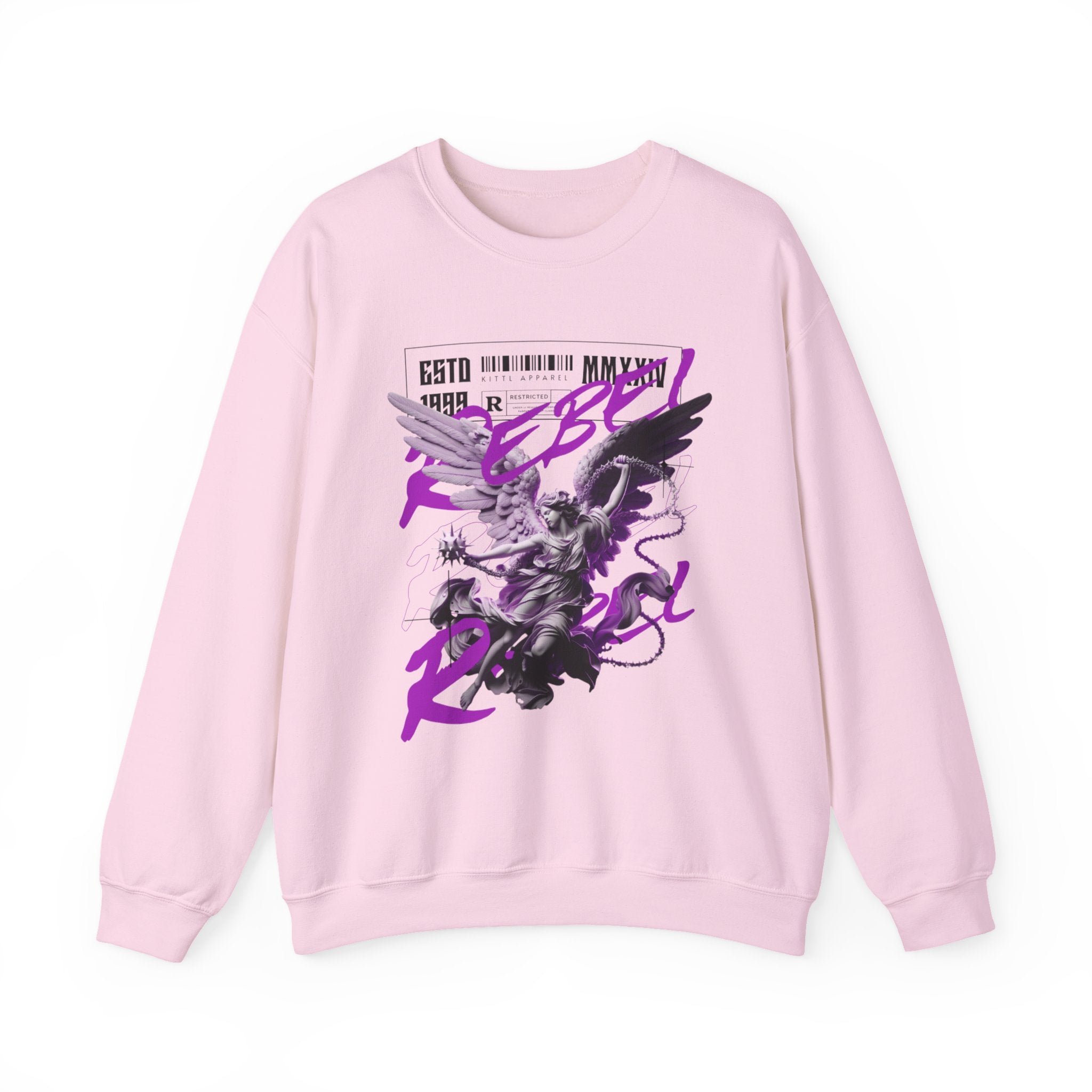 A light pink crewneck sweatshirt featuring a graphic print of a winged anime-style character and purple text reading 'Rebel Girl' on the front, set against a plain white background.