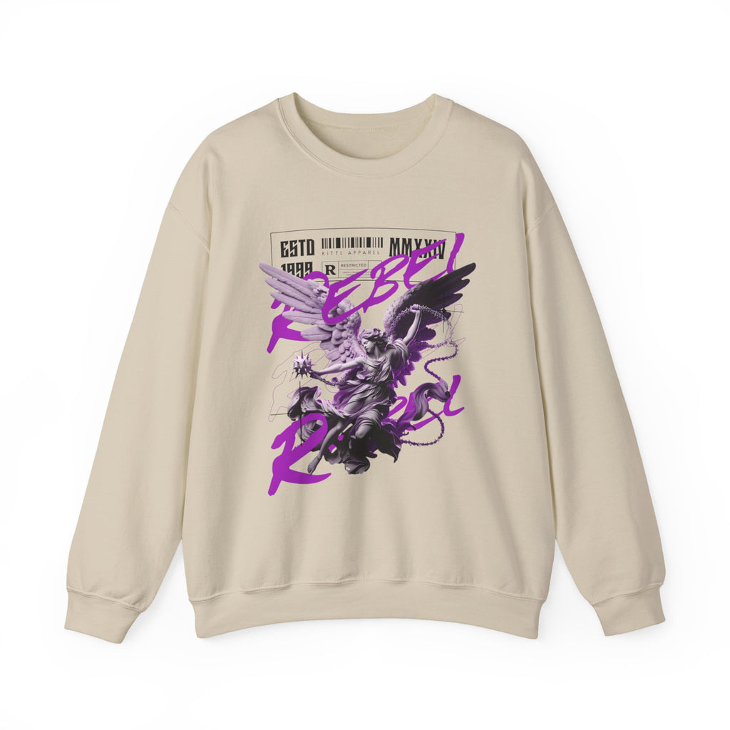 A beige crewneck sweatshirt featuring a graphic print of a winged anime character in black and purple, overlaid with the stylized text 'Rebel' in purple, displayed on a clean white background.