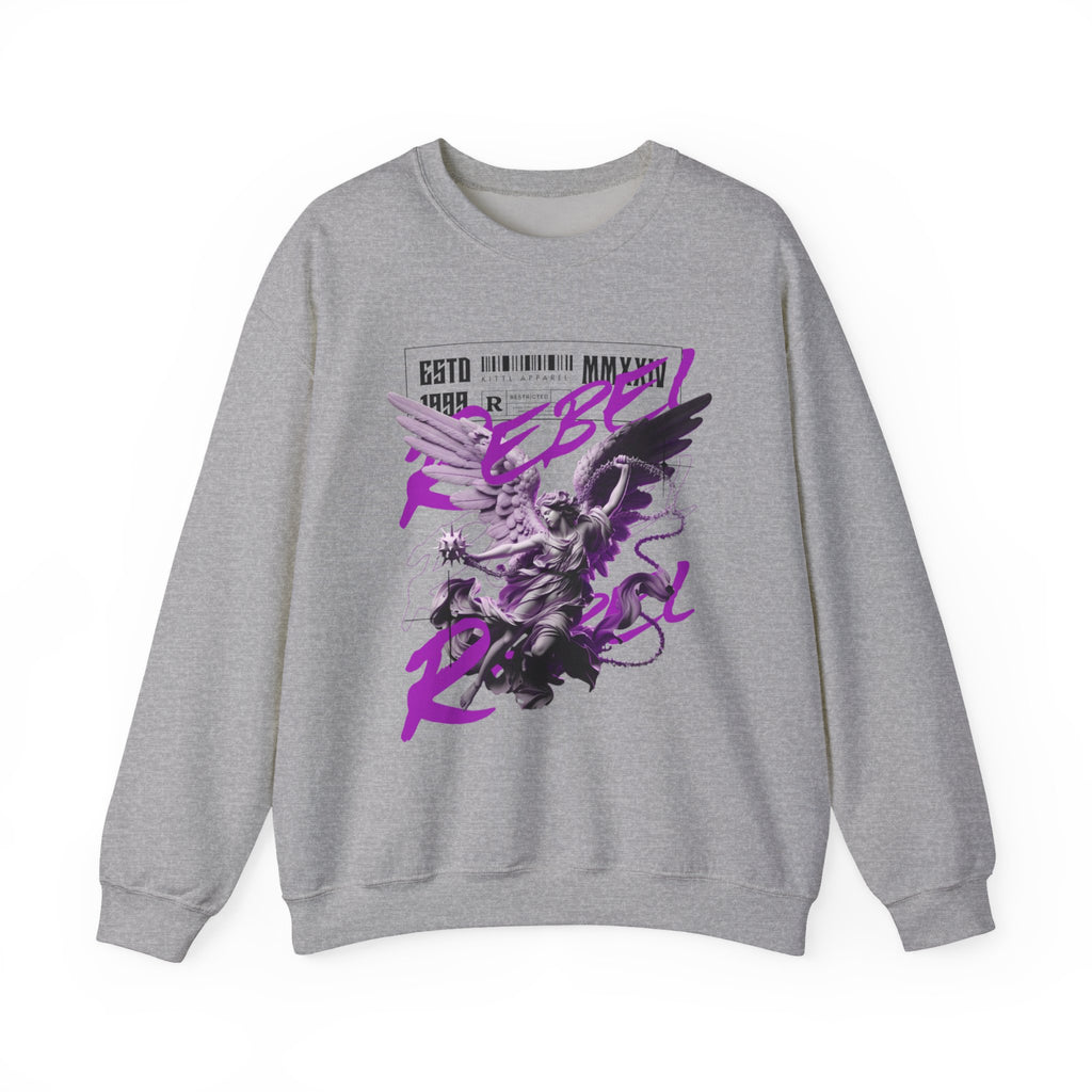 A heather gray crewneck sweatshirt featuring a graphic print of a winged anime character with purple and black text overlays, displayed on a clean white background.