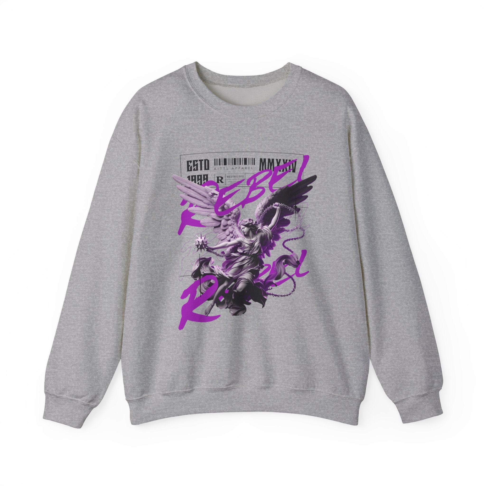 A heather gray crewneck sweatshirt featuring a graphic print of a winged anime character with purple and black text overlays, displayed on a clean white background.