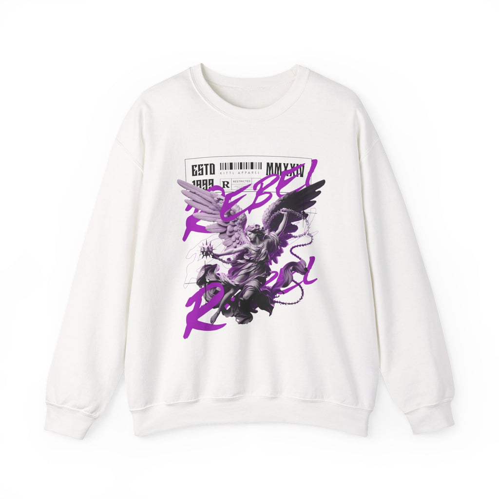 An off-white crewneck sweatshirt featuring a graphic print of a winged demon with the word 'Rebel' in purple script, displayed on a clean white background.