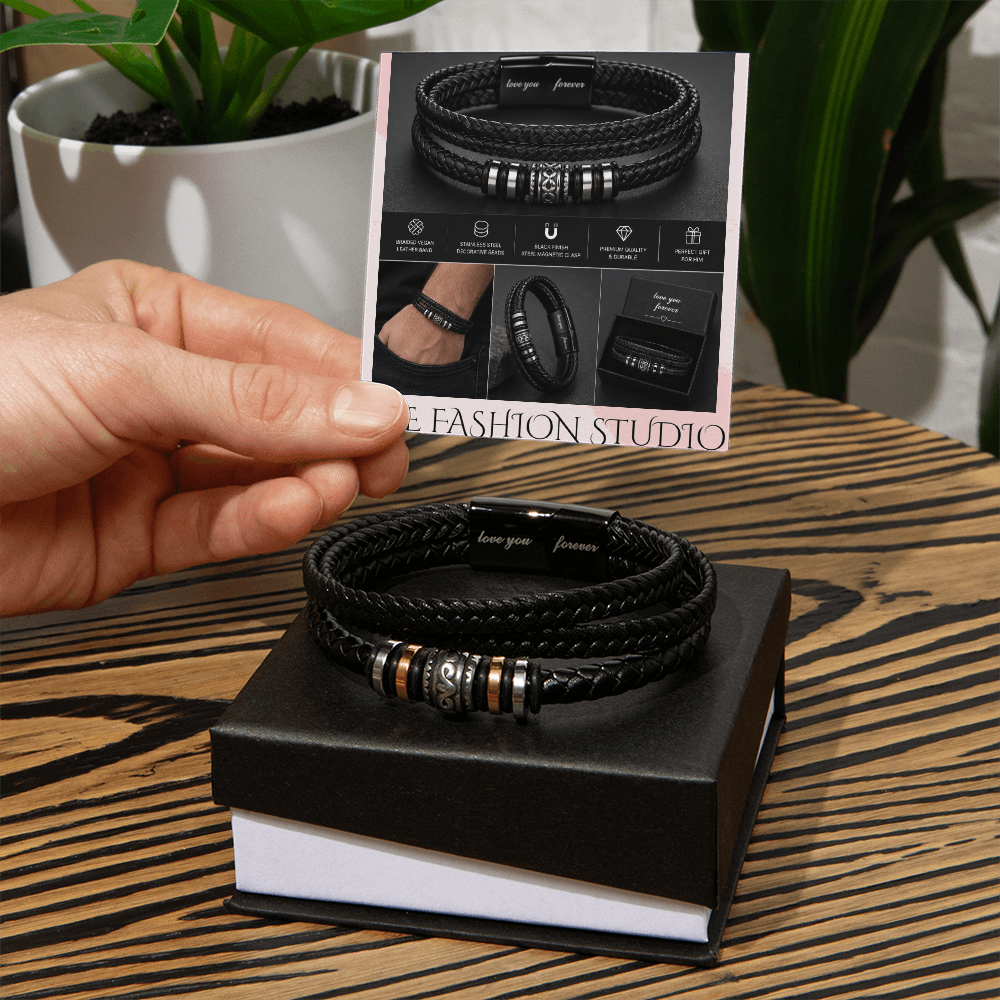 Men's Black Braided Vegan Leather Bracelet | Stainless Steel Magnetic Clasp