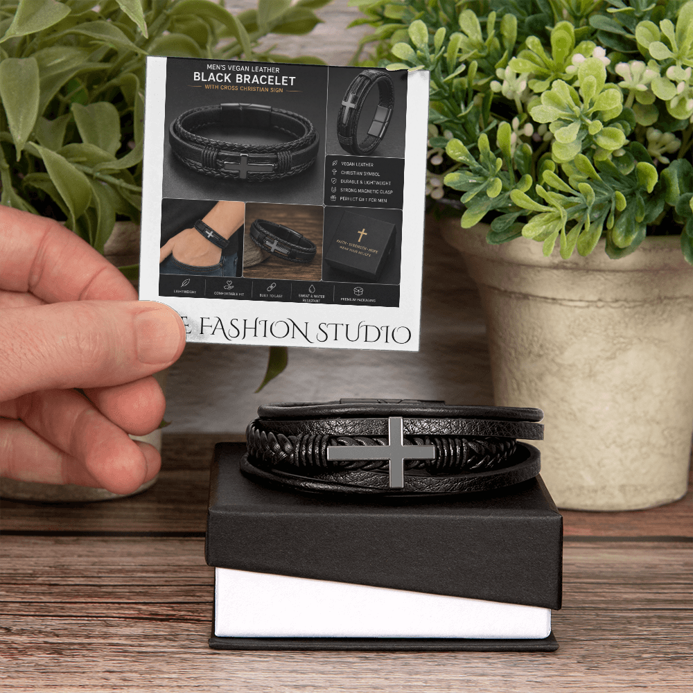 Men's Premium and Luxury Looking Hand Bracelet | Vegan Leather | Cross Symbol | Black Bracelet | The Fashion Studio Men's Bracelet